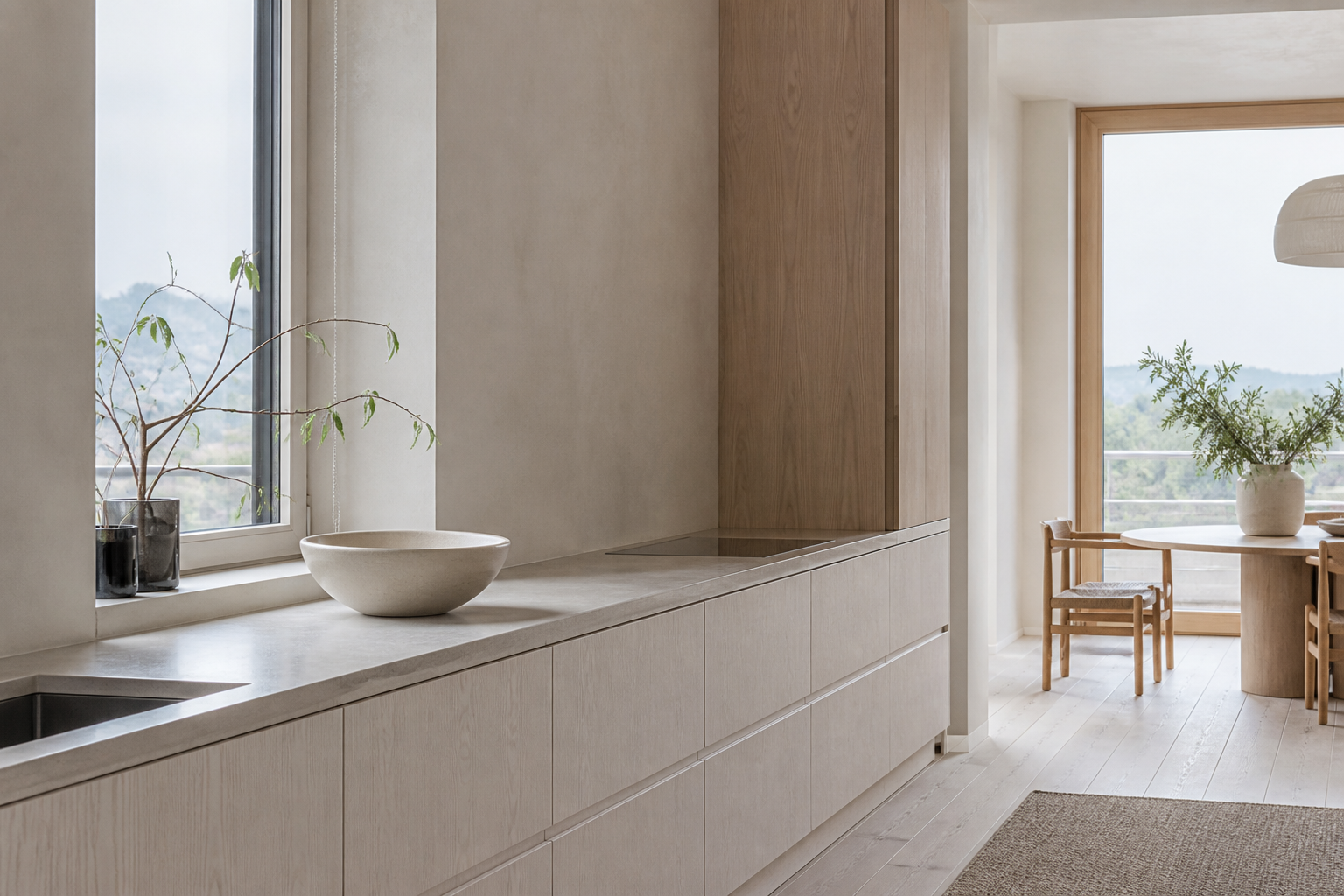 Fadior Tbilisi 340 sqm Kitchen Villa — cabinetry, counter, ceramic bowl, dining threshold and pale floor