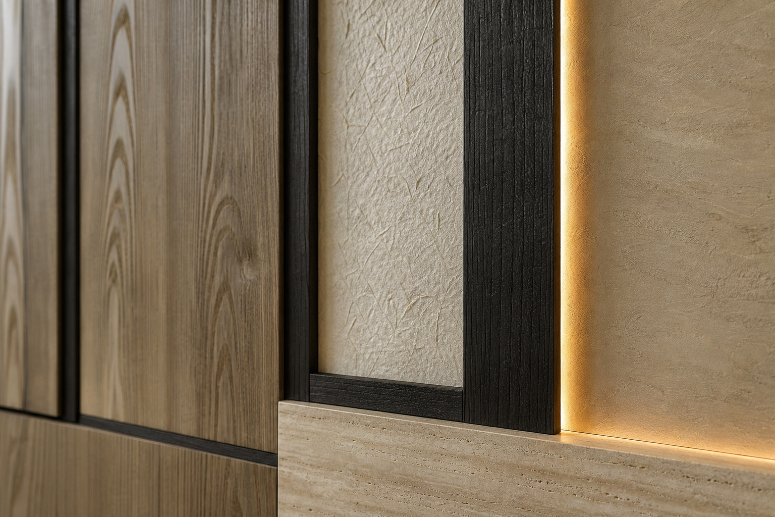 Fadior Terrazzo Wall Panel Suite with Backlit Sculptural Niche — close-up of stainless steel finish and hardware detail