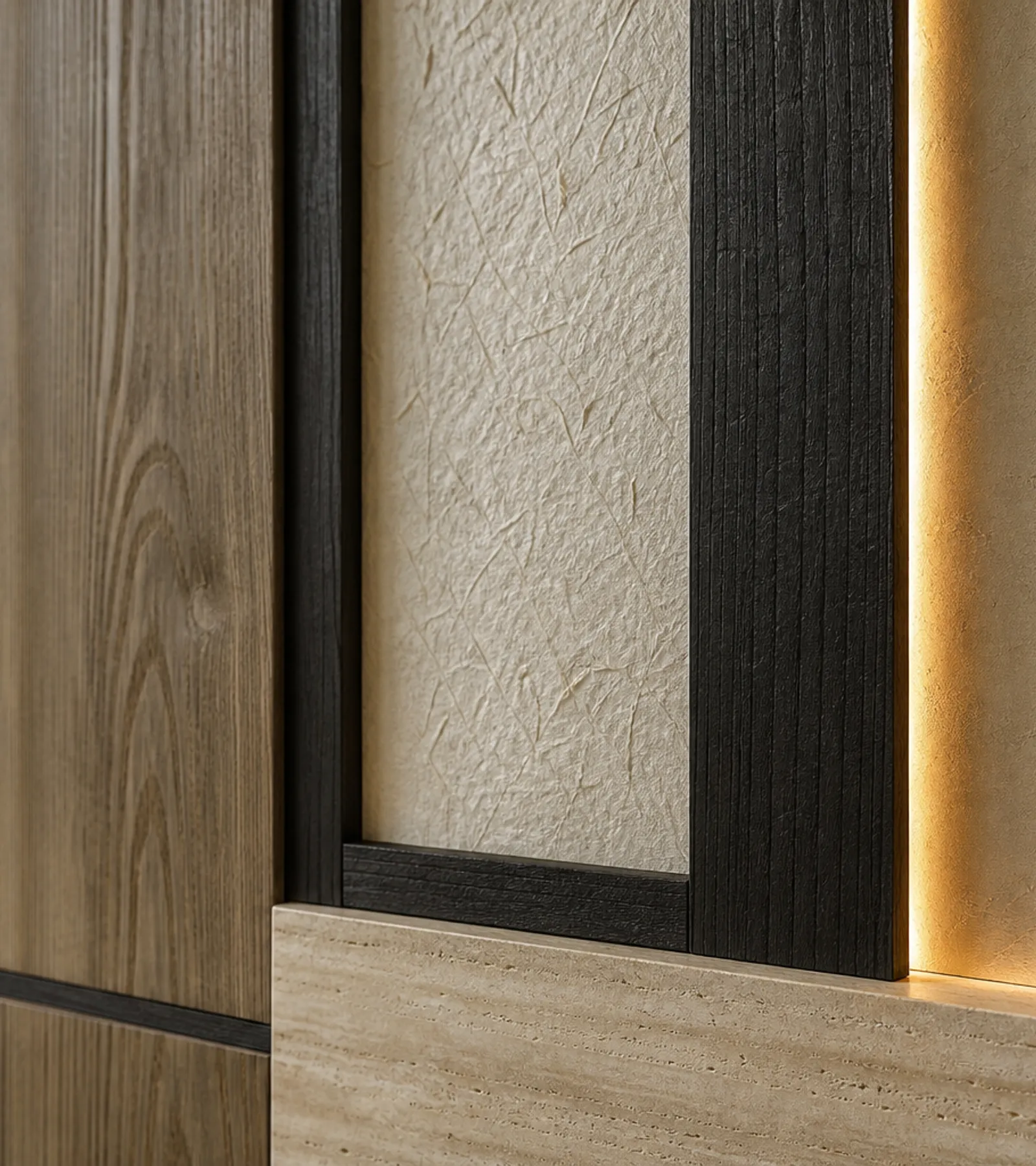 Suite de Paneles de Pared Terrazzo con Nicho Escultórico Retroiluminado acabado y detalle