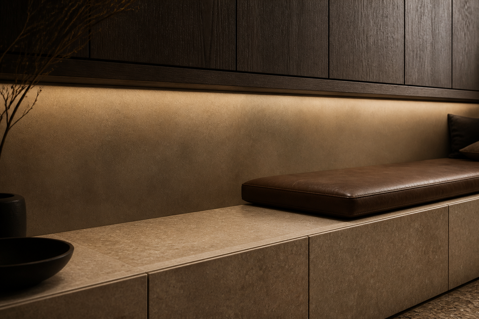 Fadior Veneto Living Room Suite with Stone Ledge Console Wall — close-up of stainless steel finish and hardware detail