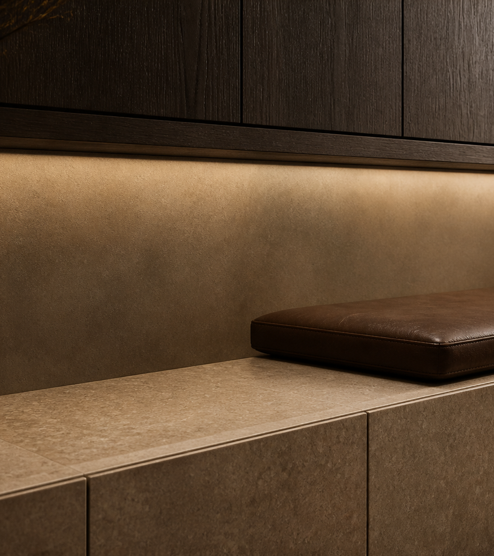 Fadior Veneto Living Room Suite with Stone Ledge Console Wall — close-up of stainless steel finish and hardware detail