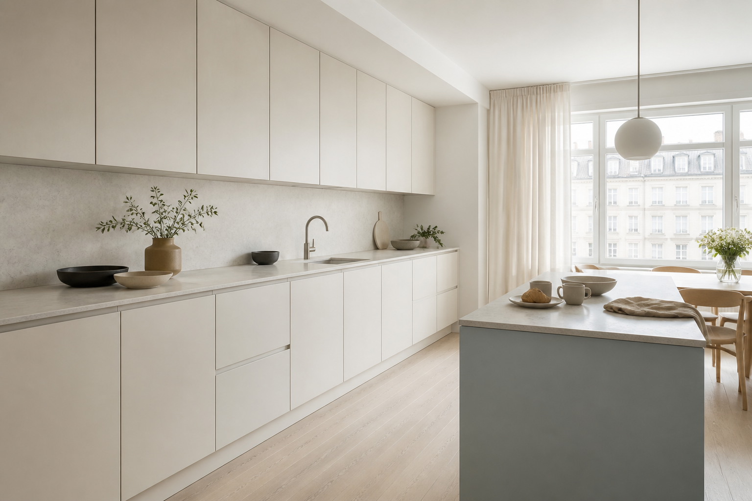 Fadior Meridian Kitchen Suite with Porcelain Threshold Galley — lifestyle setting with natural light and residential styling