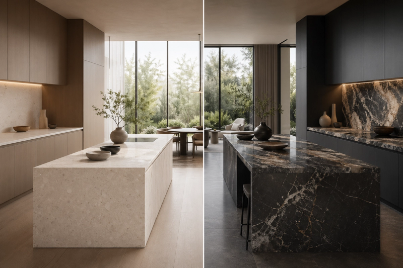 Decision comparison scene: one luxury kitchen corner emphasizing pale mineral surfaces and another emphasizing darker cabinet contrast for specification review.