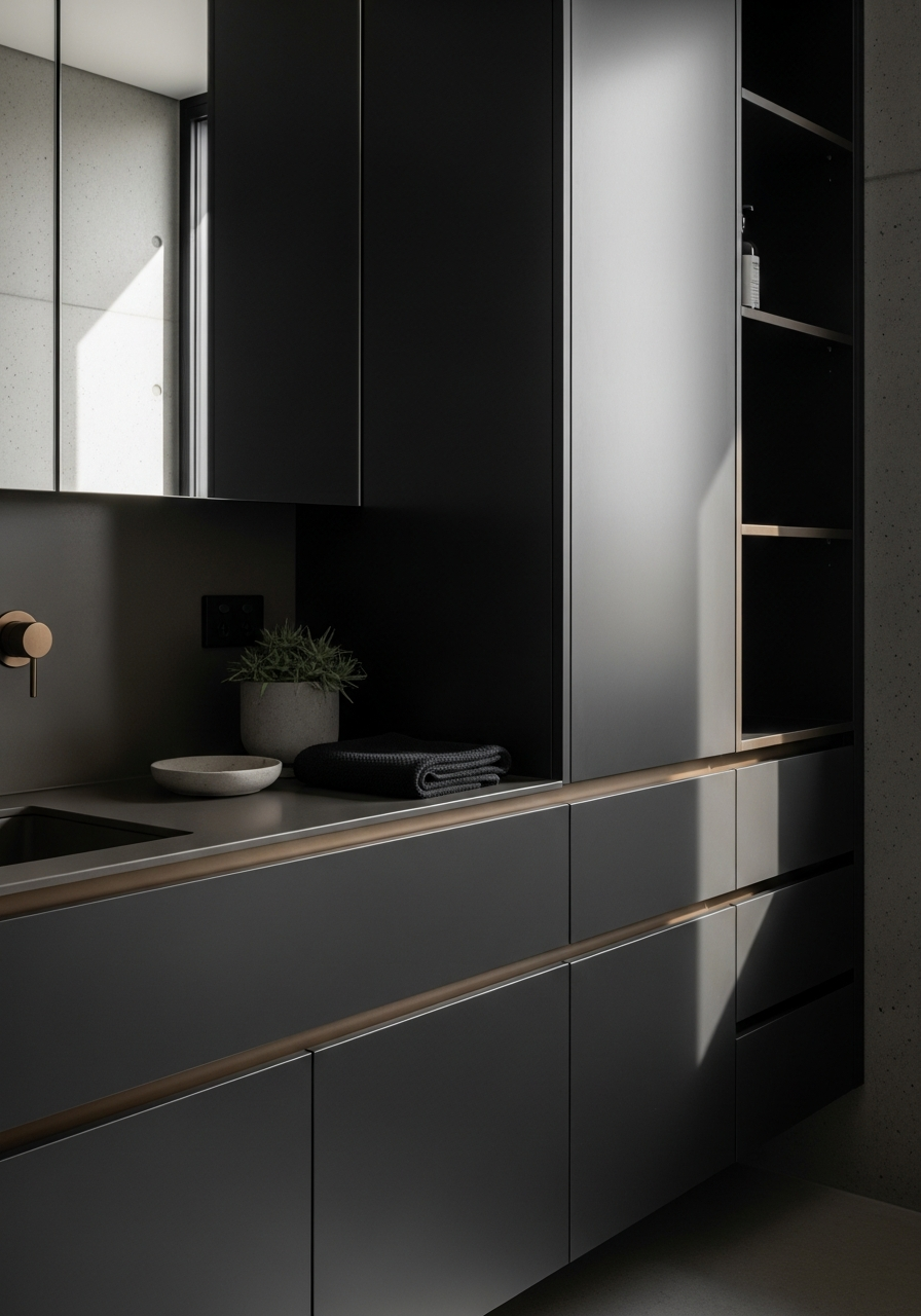 Fadior South Yarra Industrial Apartment — bathroom vanity with premium material integration