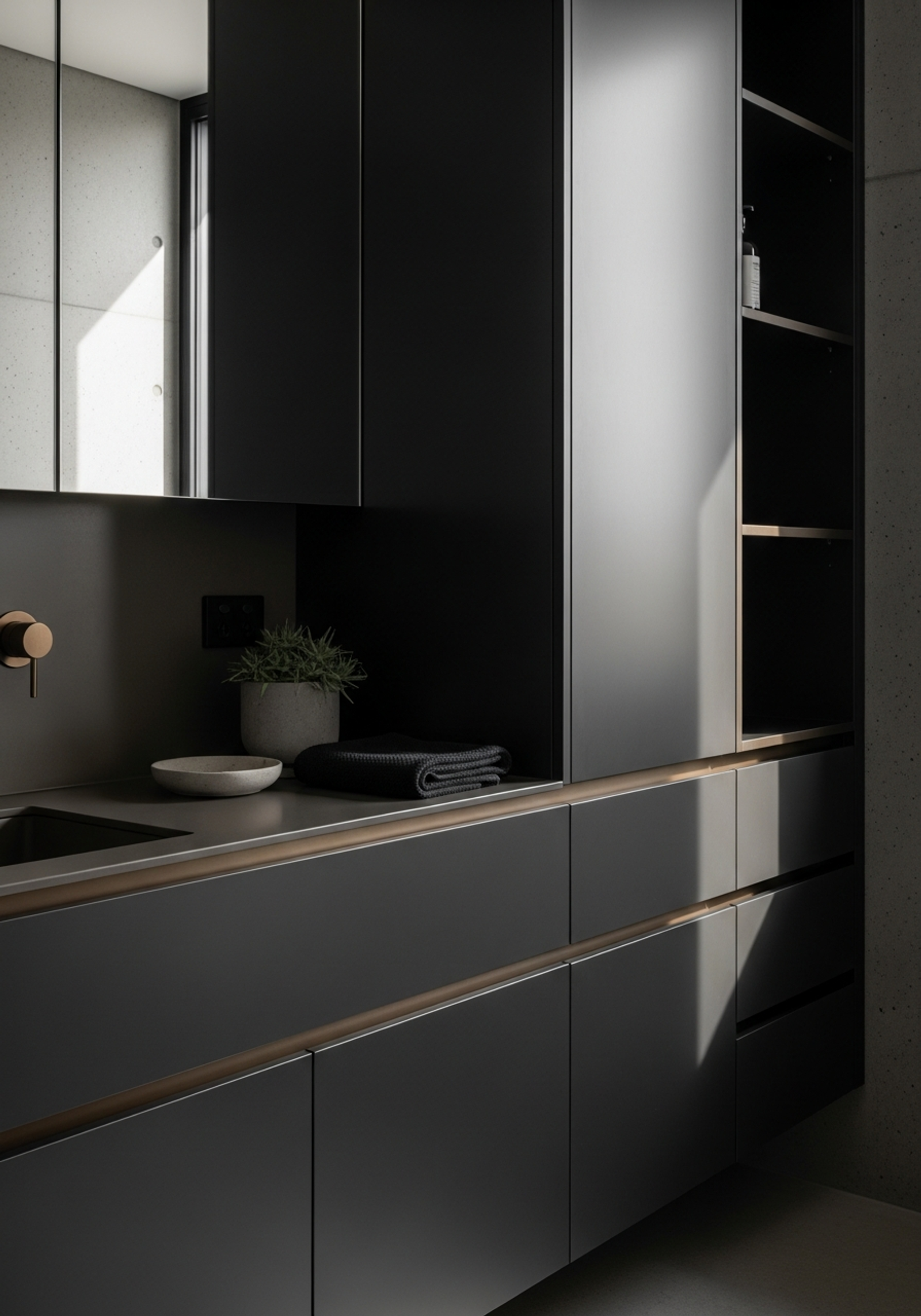 Fadior South Yarra Industrial Apartment — bathroom vanity with premium material integration