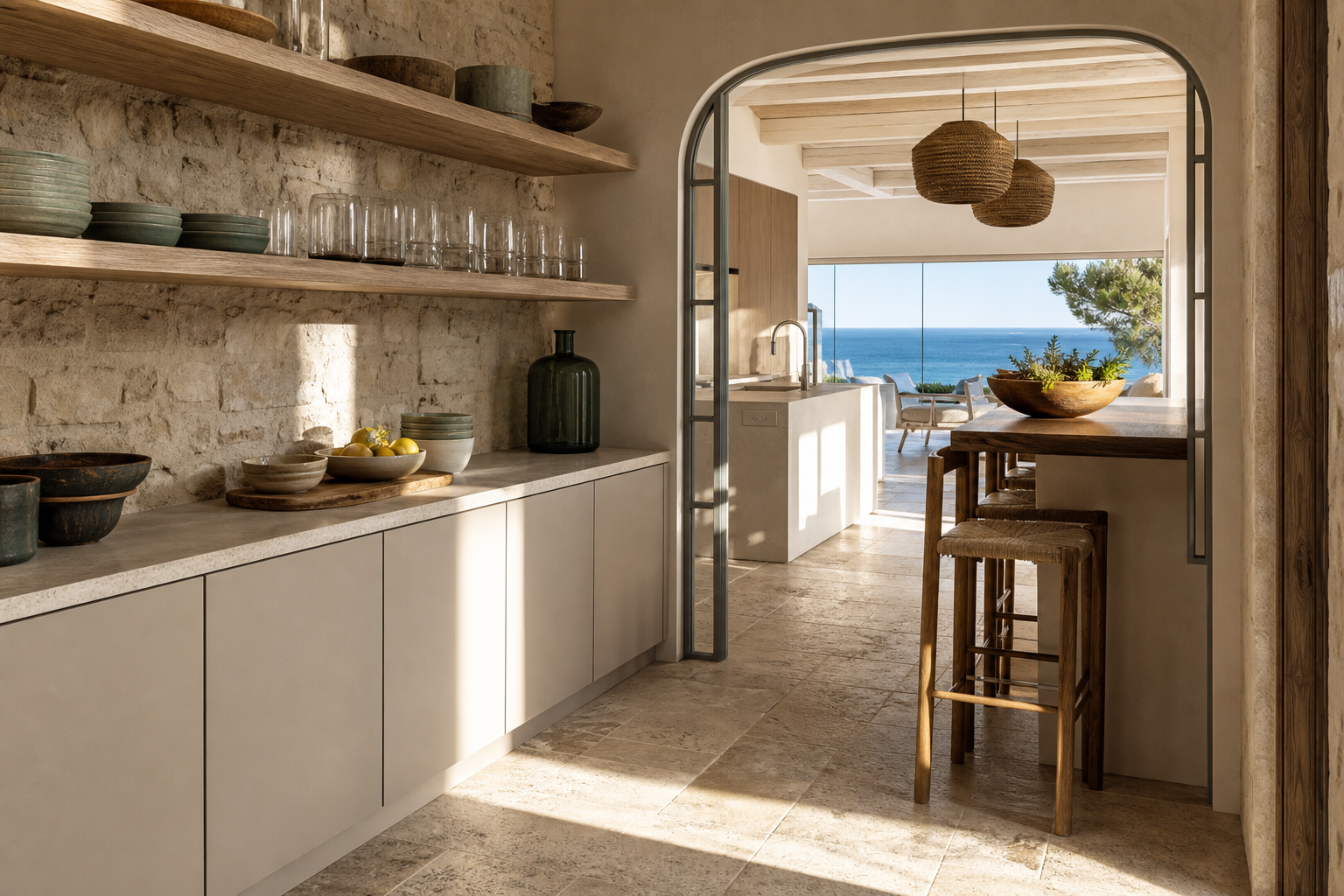 Fadior International 120 sqm Kitchen Apartment — Pantry wall with bleached wood cabinet, travertine shelf, plaster niche, tile floor, and dining doorway