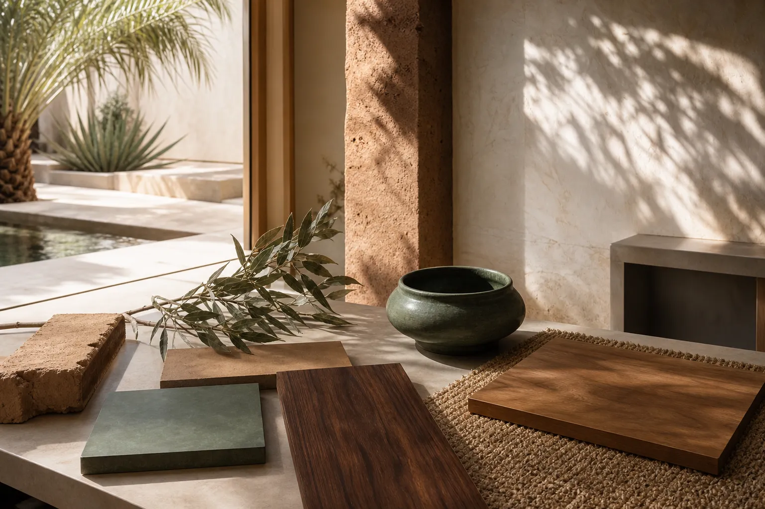 Kitchen material study with terracotta tile, hardwood, and jute for zero-formaldehyde claim review.