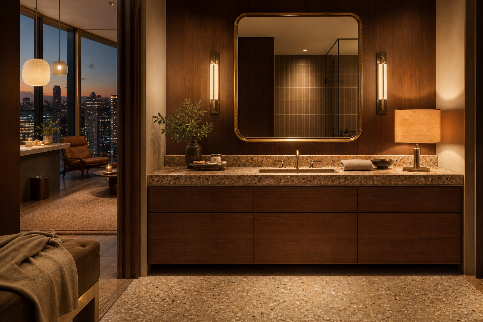 Fadior Nacre Bath and Vanity Suite with Scale Matched Basin Datum — lifestyle setting with natural light and residential