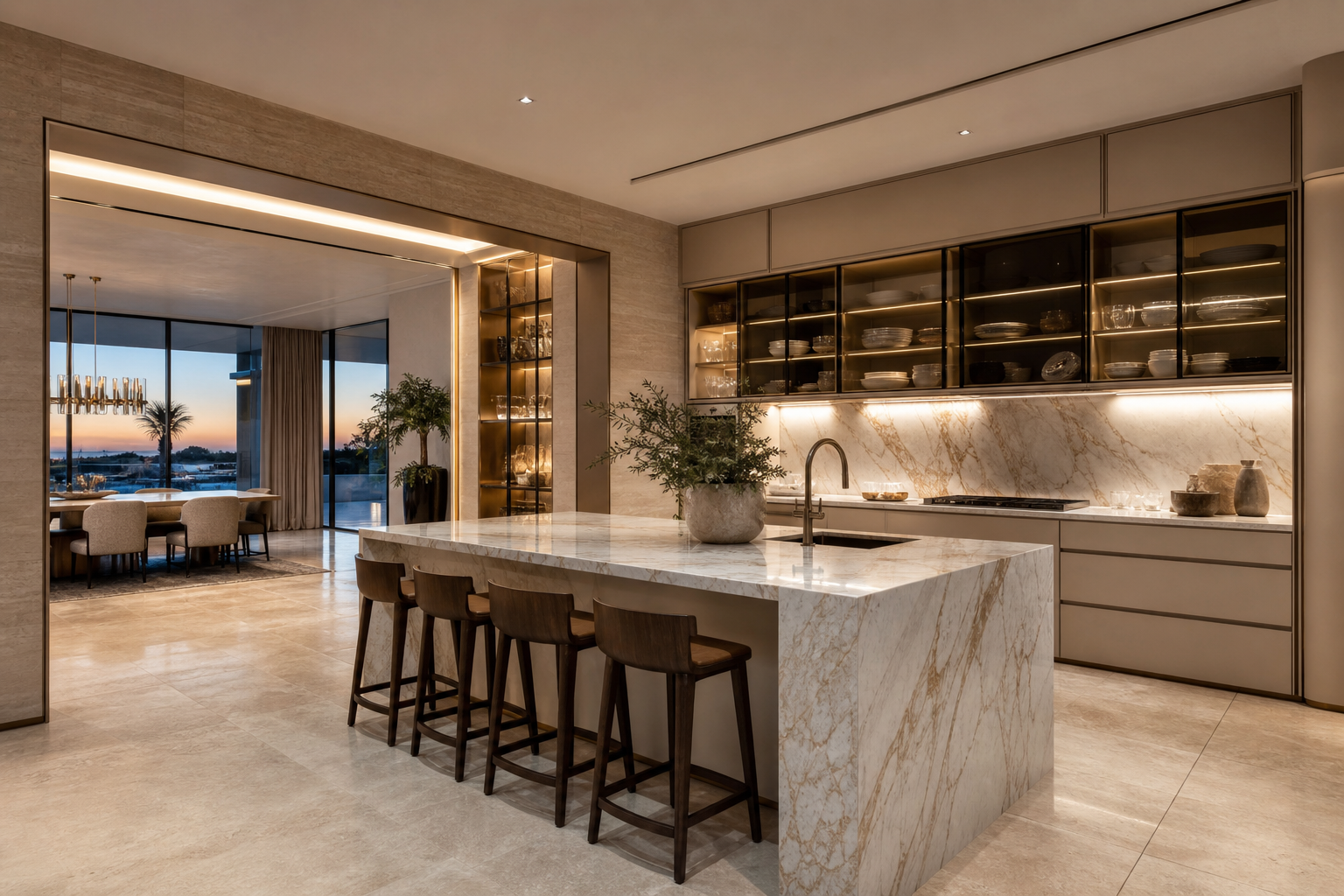 Fadior Dubai 290 sqm Kitchen Villa — kitchen island, marble counter, walnut dining table, tall window