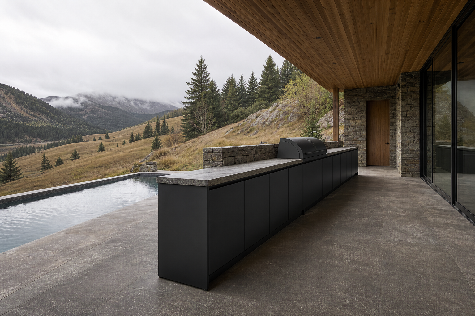 Fadior Horizon Outdoor Kitchen Suite with Charcoal Parapet Serving Run — interior room context showing cabinet integration
