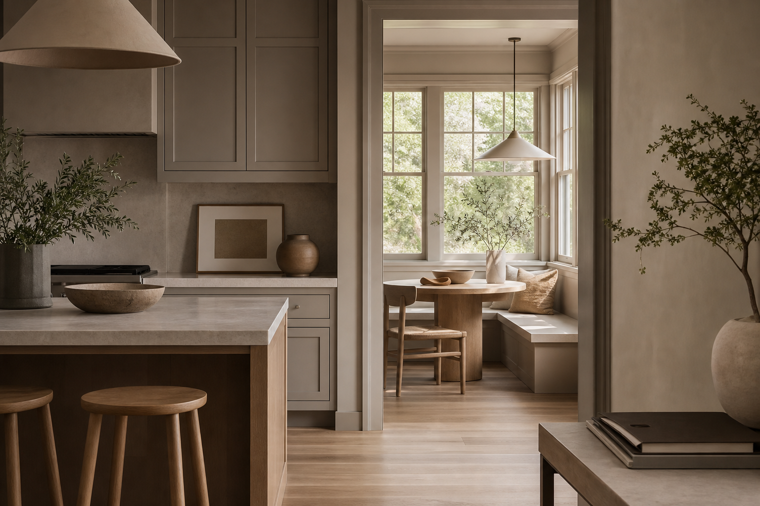 Editorial comparison scene showing a calm kitchen planning surface and finish samples without labels.