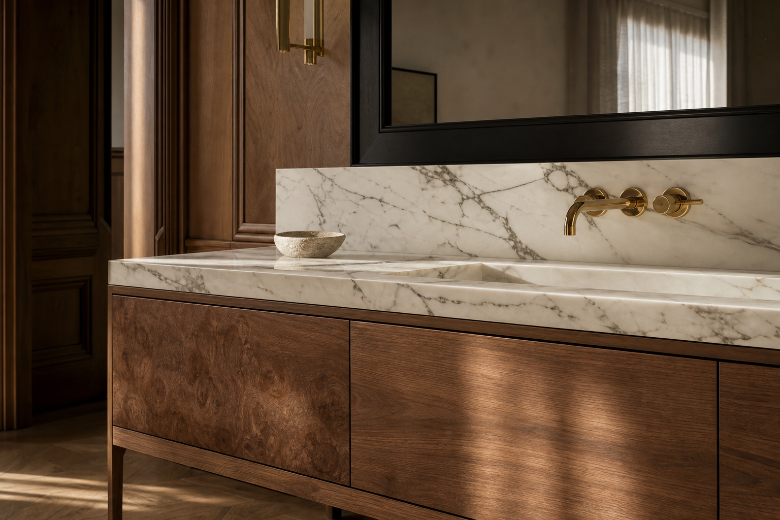 Fadior Solstice Bath and Vanity Suite with Calacatta Basin Sill — close-up of stainless steel finish and hardware detail