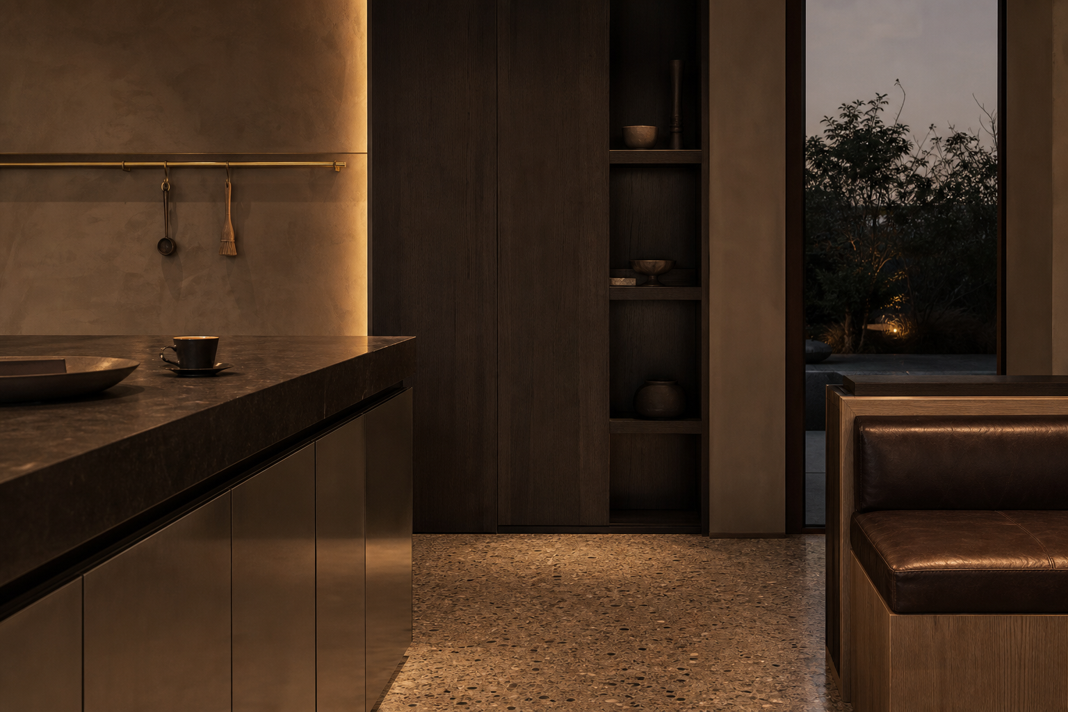 Fadior Budapest 450 sqm Kitchen Villa - smoked oak panel, terrazzo floor, aged brass rail, cabinet face
