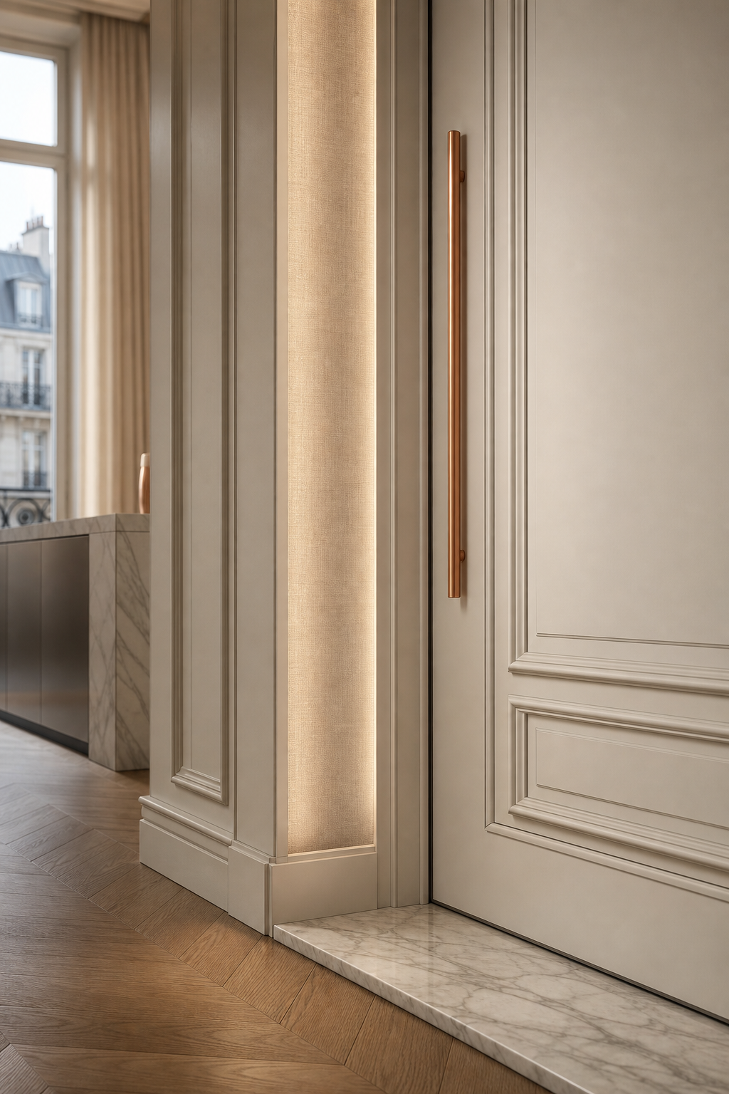 Suite de puerta interior Silhouette con jamba iluminada de textura lino acabado y detalle