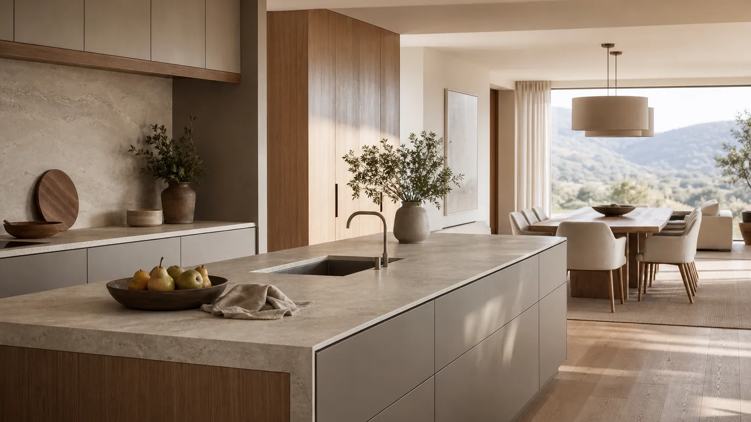 Quiet modern open-plan kitchen with warm grey cabinetry and soft morning light.
