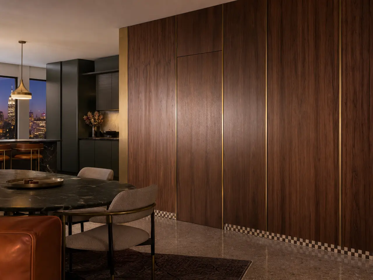 Fadior Miroir Wall Panel Suite with Flush Fitting Service Reveal - 304 stainless steel wall panel system with textured surfaces, shadow reveals, integrated lighting, and concealed doors