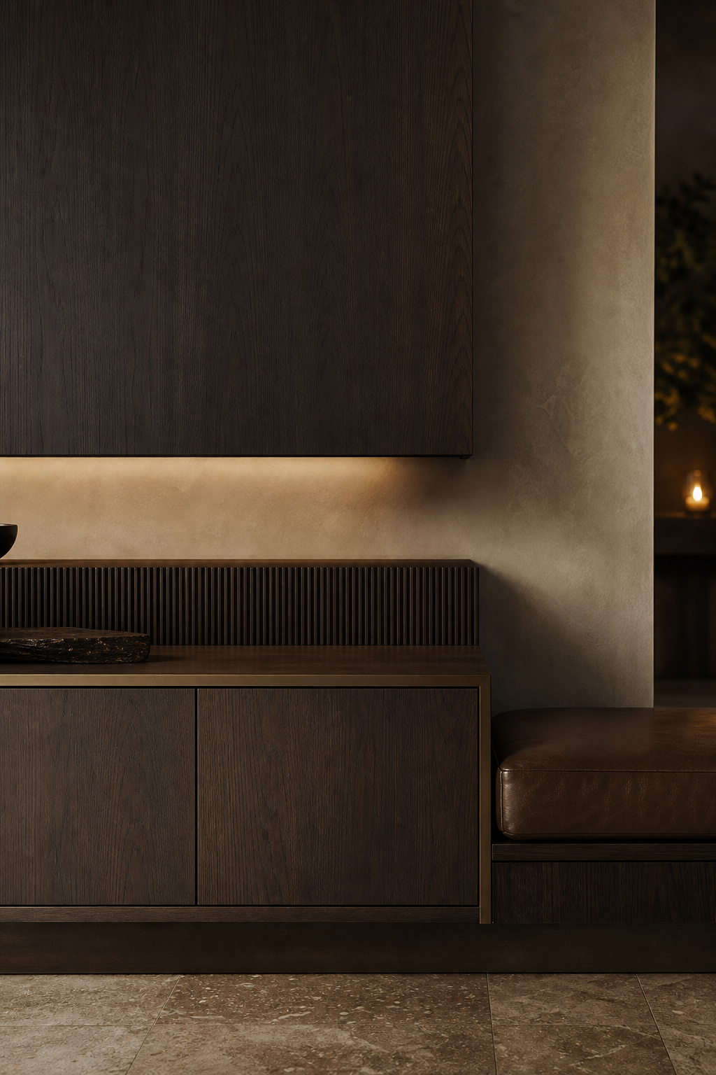 Fadior Patina Living Room Suite with Reeded Display Media Bridge — close-up of stainless steel finish and hardware detail