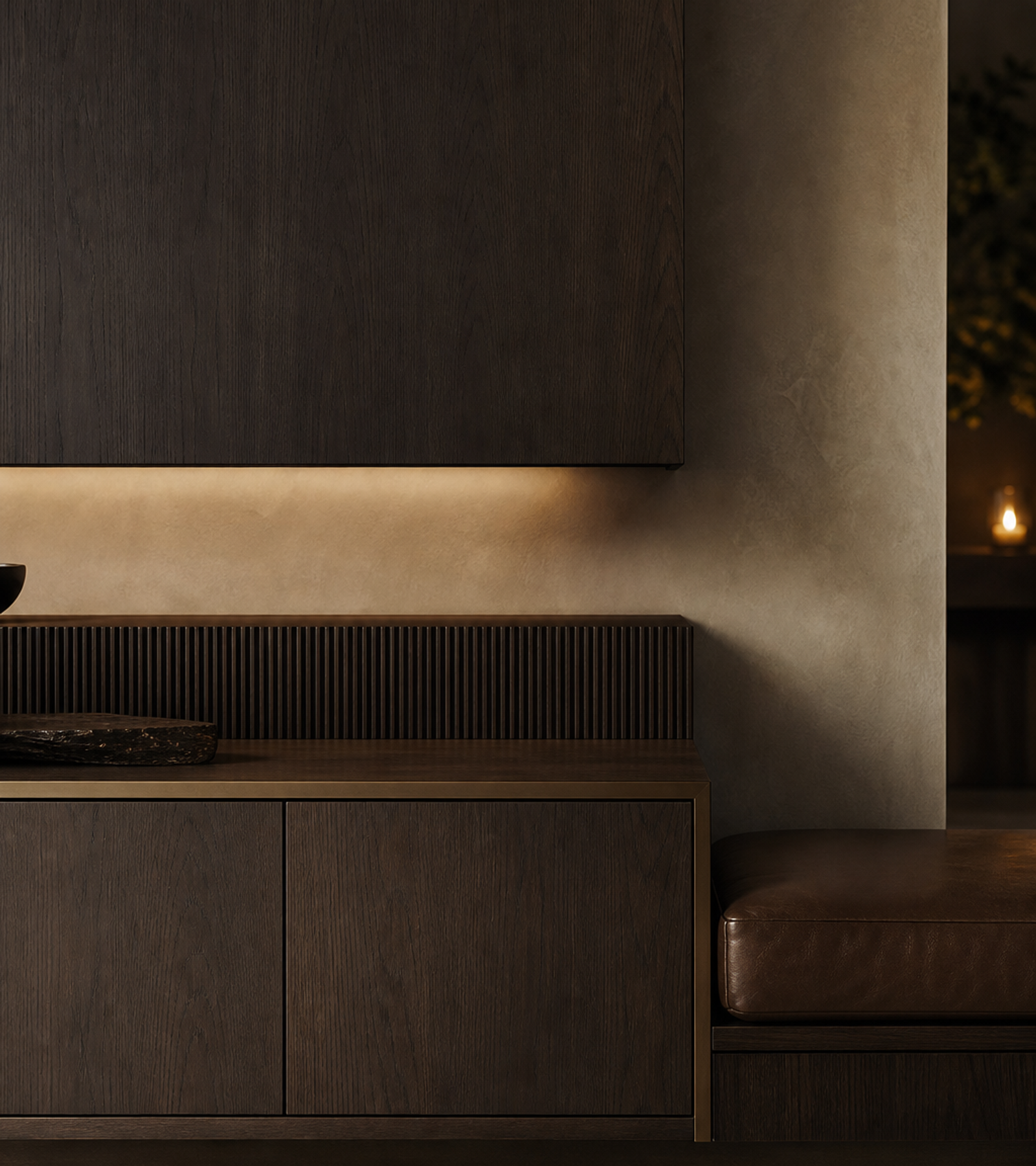Fadior Patina Living Room Suite with Reeded Display Media Bridge — close-up of stainless steel finish and hardware detail