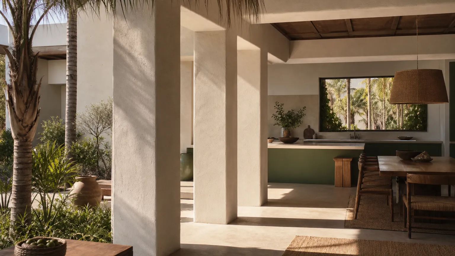 Kitchen atmosphere with deep olive cabinetry, lime-washed walls, and courtyard light for market-shift context.