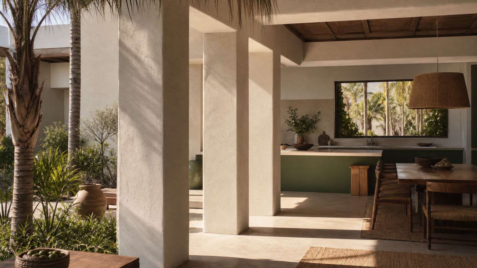 Kitchen atmosphere with deep olive cabinetry, lime-washed walls, and courtyard light for market-shift context.