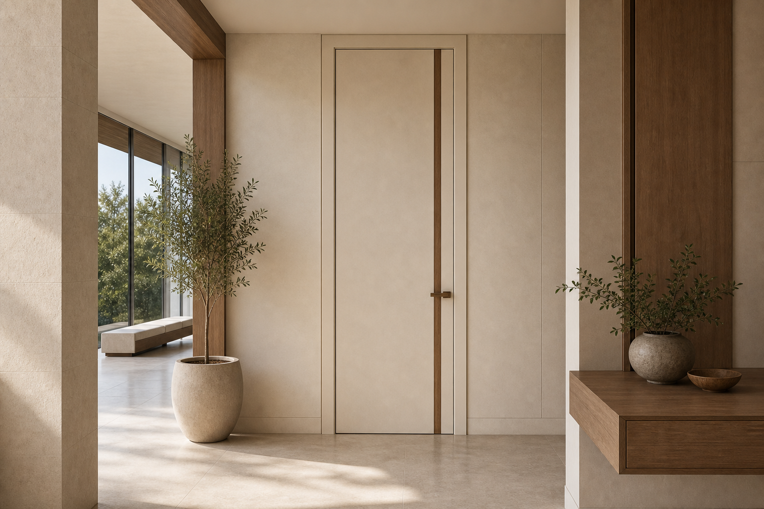 Fadior Alabaster Interior Door Suite with Soft Portal Rhythm — lifestyle setting with natural light and residential styling