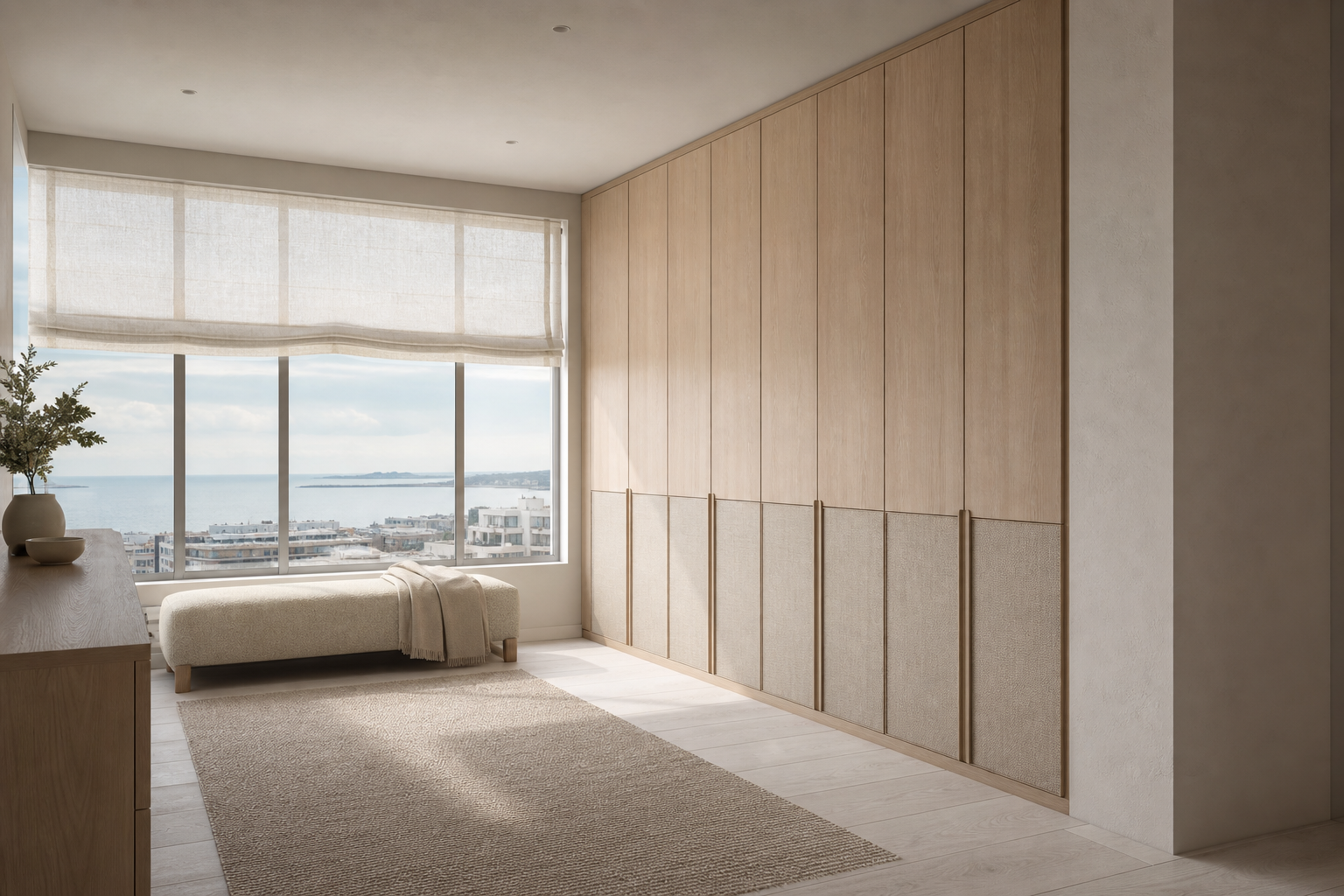 Fadior Radiance Wardrobe Suite with Linen Handle Reveal Wall — lifestyle setting with natural light and residential styling