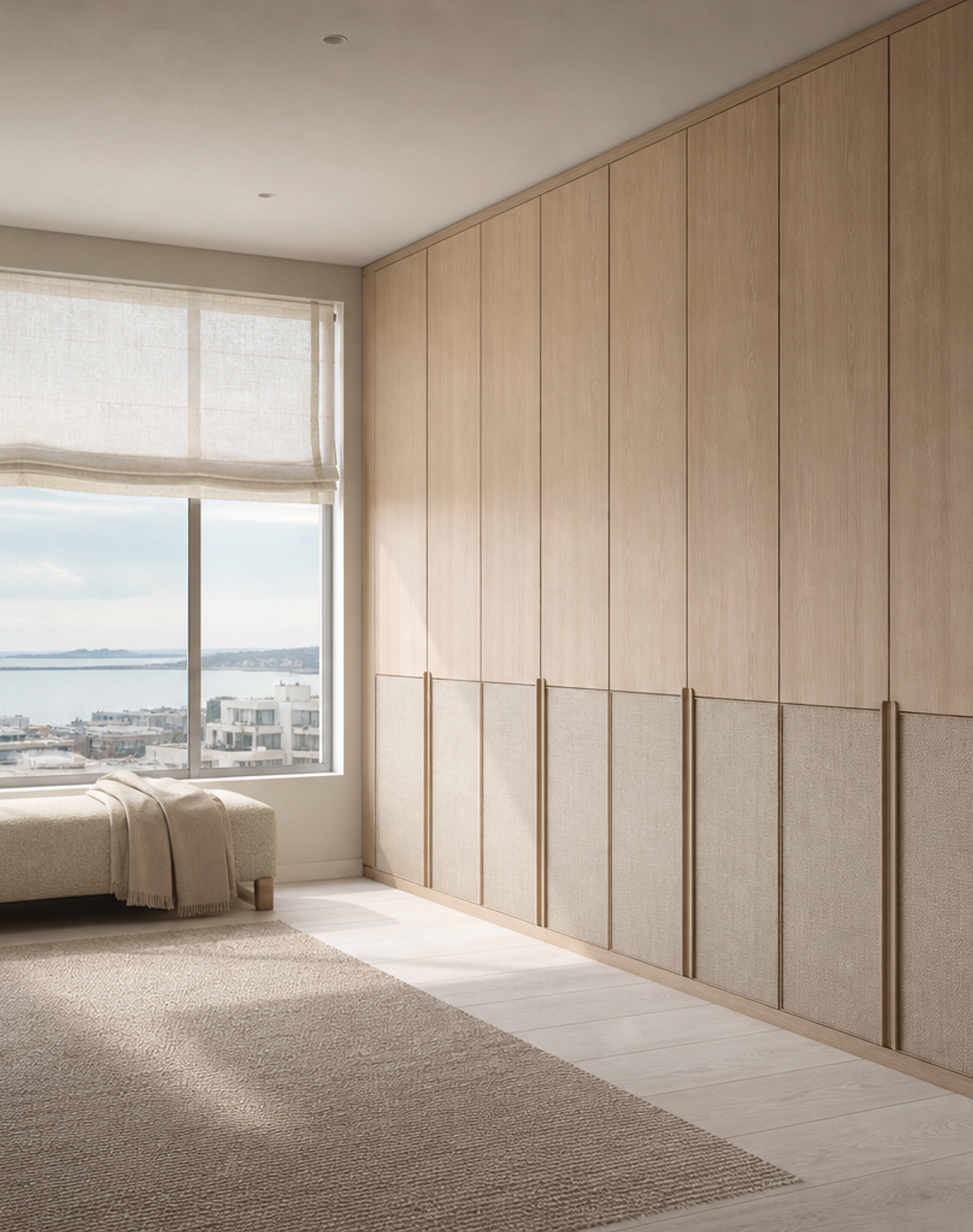 Fadior Radiance Wardrobe Suite with Linen Handle Reveal Wall — lifestyle setting with natural light and residential styling