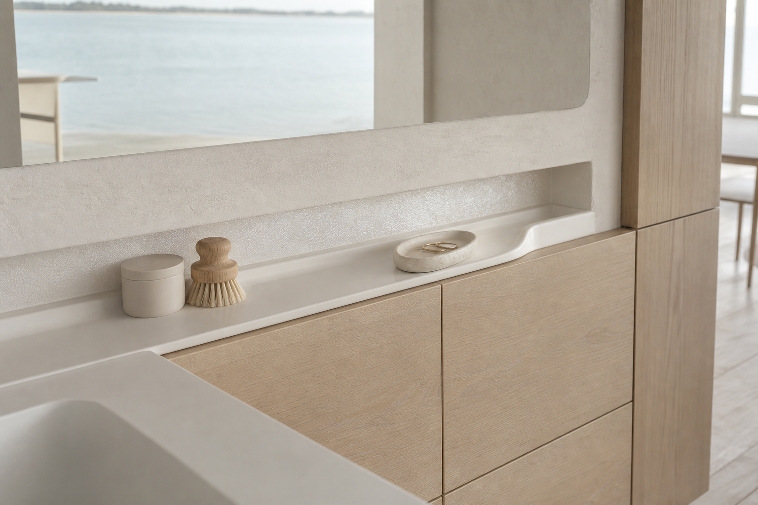 Fadior Ethereal Bath and Vanity Suite with Pearl Recessed Care Ledge — close-up of stainless steel finish and hardware detail