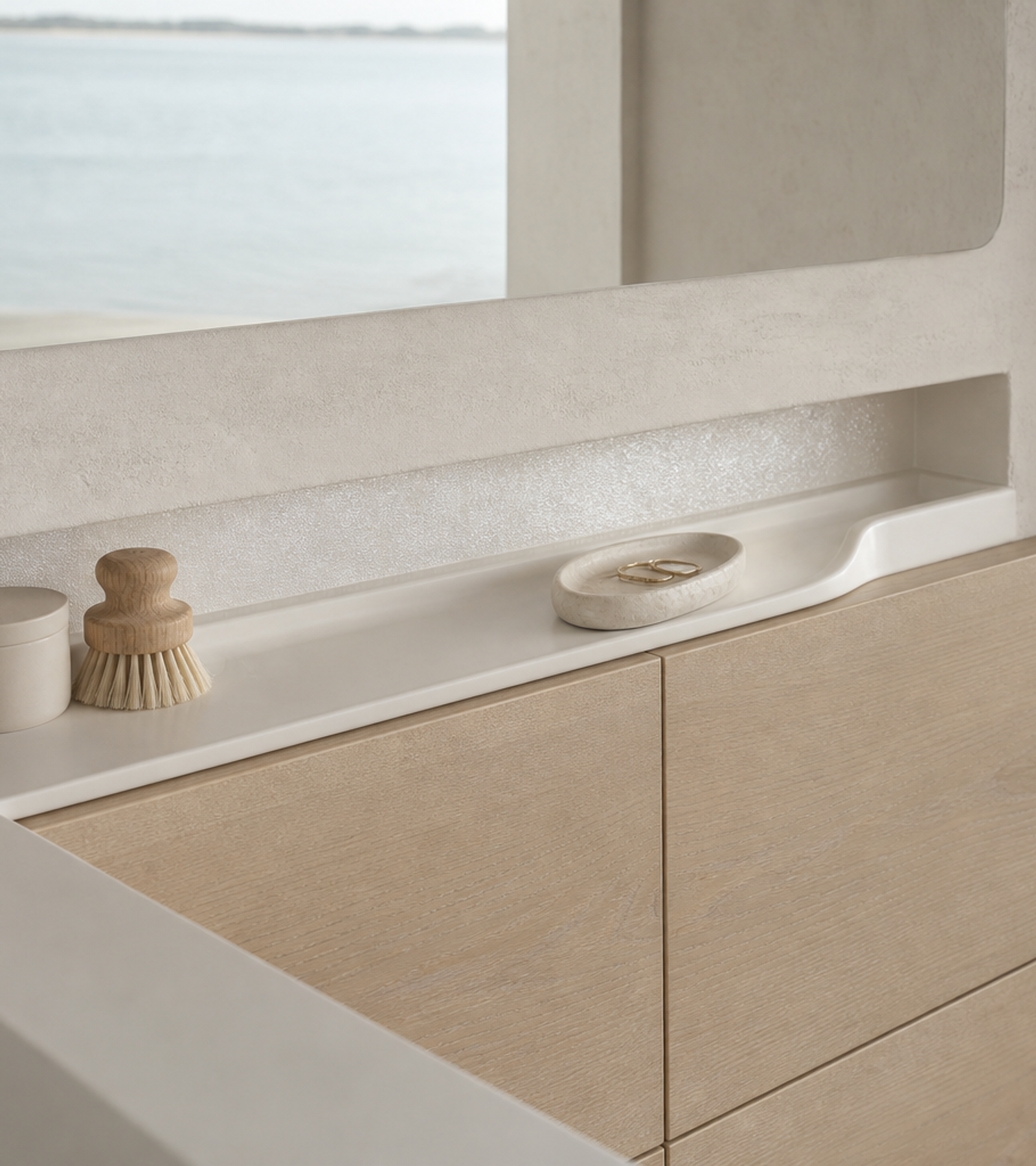 Fadior Ethereal Bath and Vanity Suite with Pearl Recessed Care Ledge — close-up of stainless steel finish and hardware detail