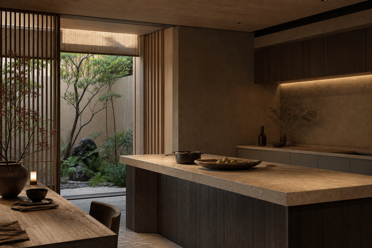 Residential kitchen context with cypress tones, courtyard light, and restrained finishes for family living.