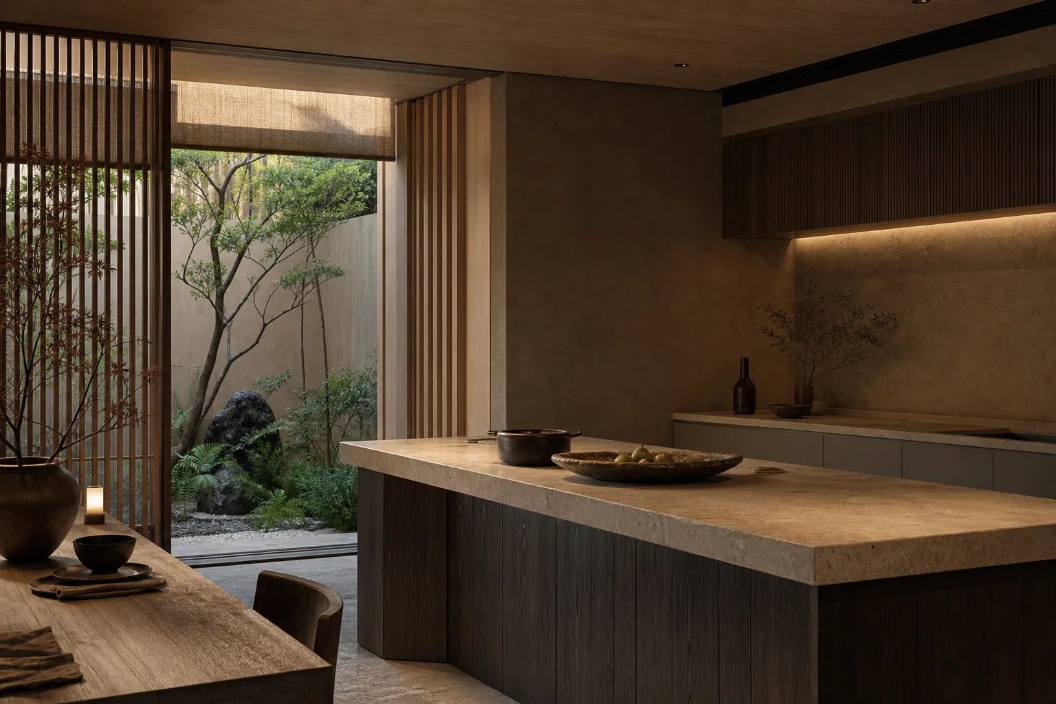 Residential kitchen context with cypress tones, courtyard light, and restrained finishes for family living.