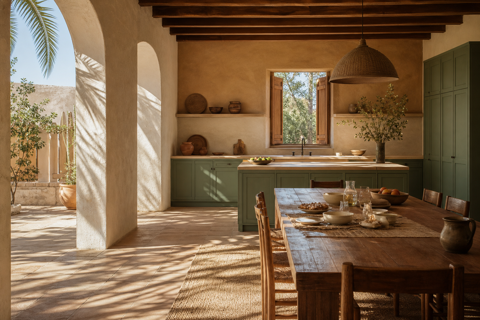 Completed courtyard kitchen and dining room with green cabinet fronts and sunlit breakfast table.