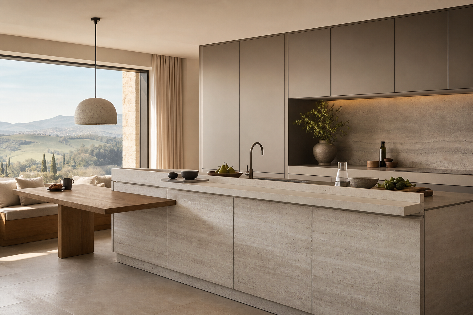 Fadior Meridian Kitchen Suite with Honed Travertine Chef Rail — lifestyle setting with natural light and residential styling