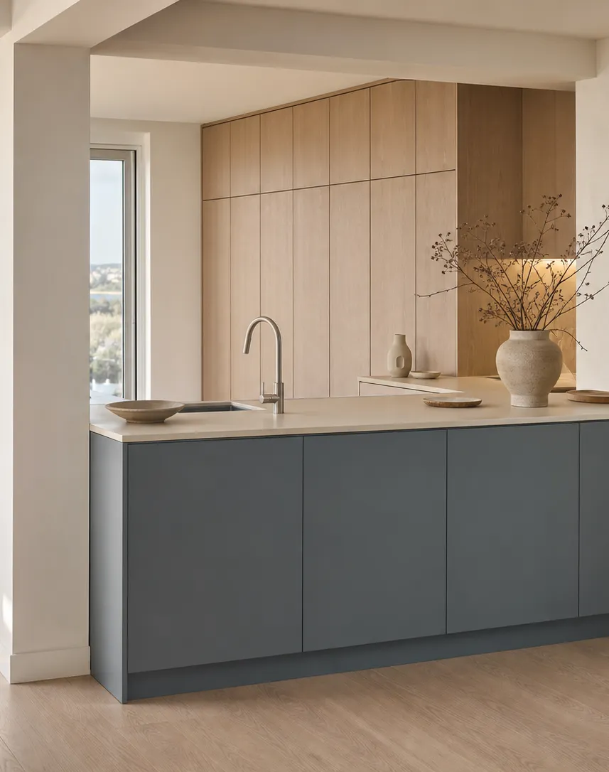 Fadior Pavilion Kitchen Suite with Soft Slate Scullery Peninsula — interior room context showing cabinet integration