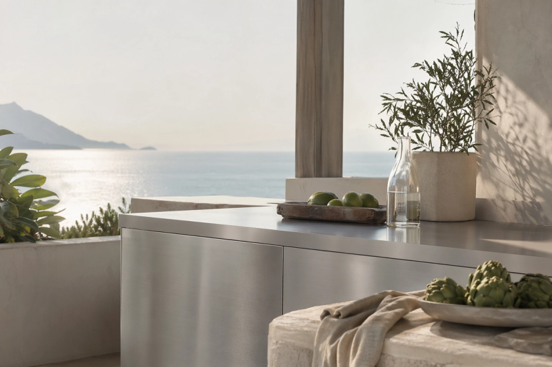 Material mood study: brushed 304 stainless steel surfaces, pale stone, and humid-coastal daylight in an outdoor kitchen.