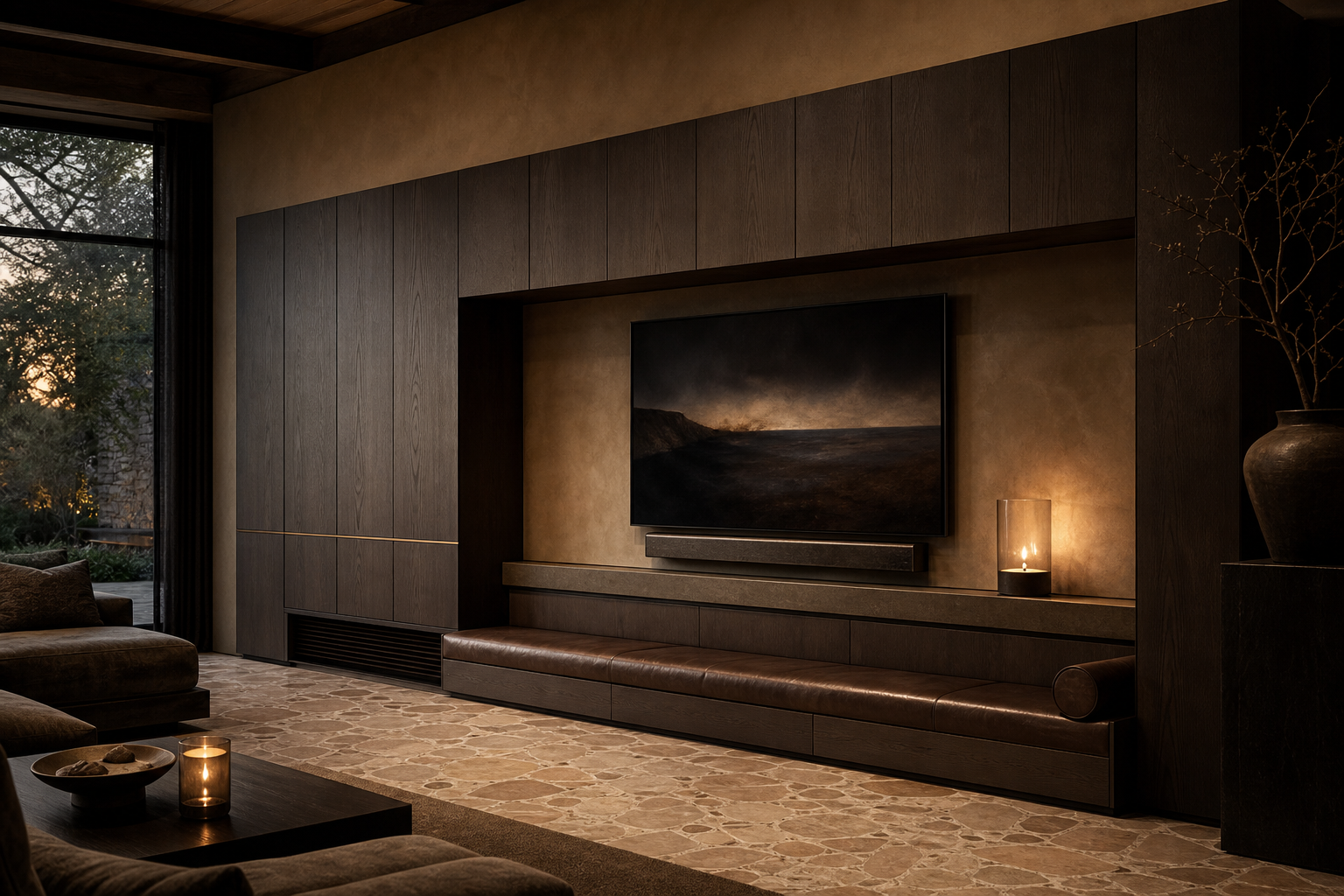Fadior Zenith Living Room Suite with Pivot Gallery Sound Bar — interior room context showing cabinet integration