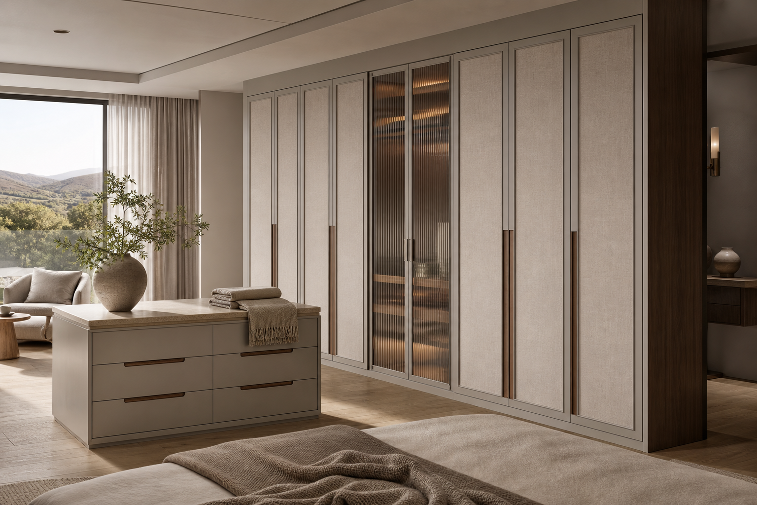 Fadior Elementum Wardrobe Suite with Reeded Glass Valet Arcade — lifestyle setting with natural light and residential styling