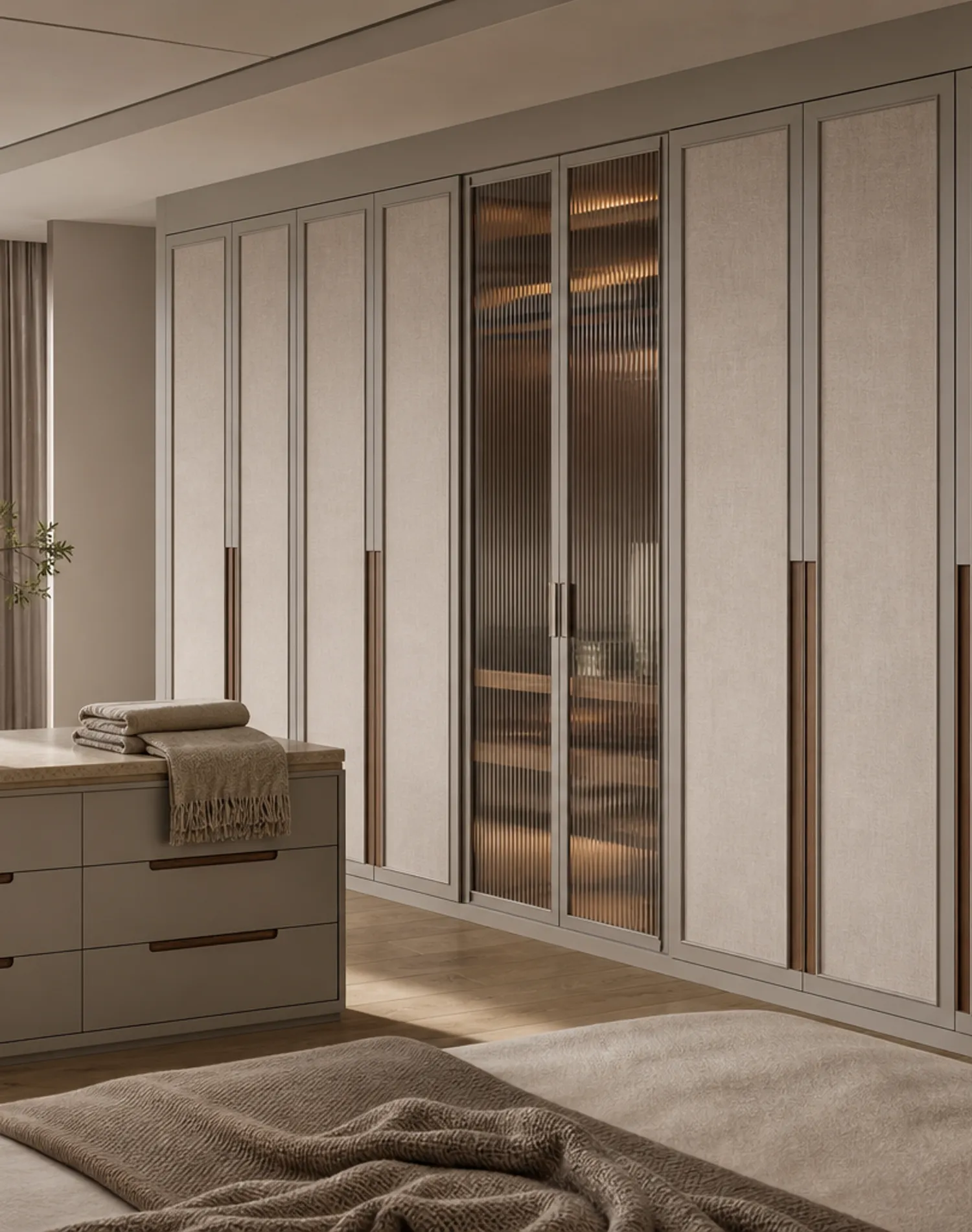 Fadior Elementum Wardrobe Suite with Reeded Glass Valet Arcade — lifestyle setting with natural light and residential styling