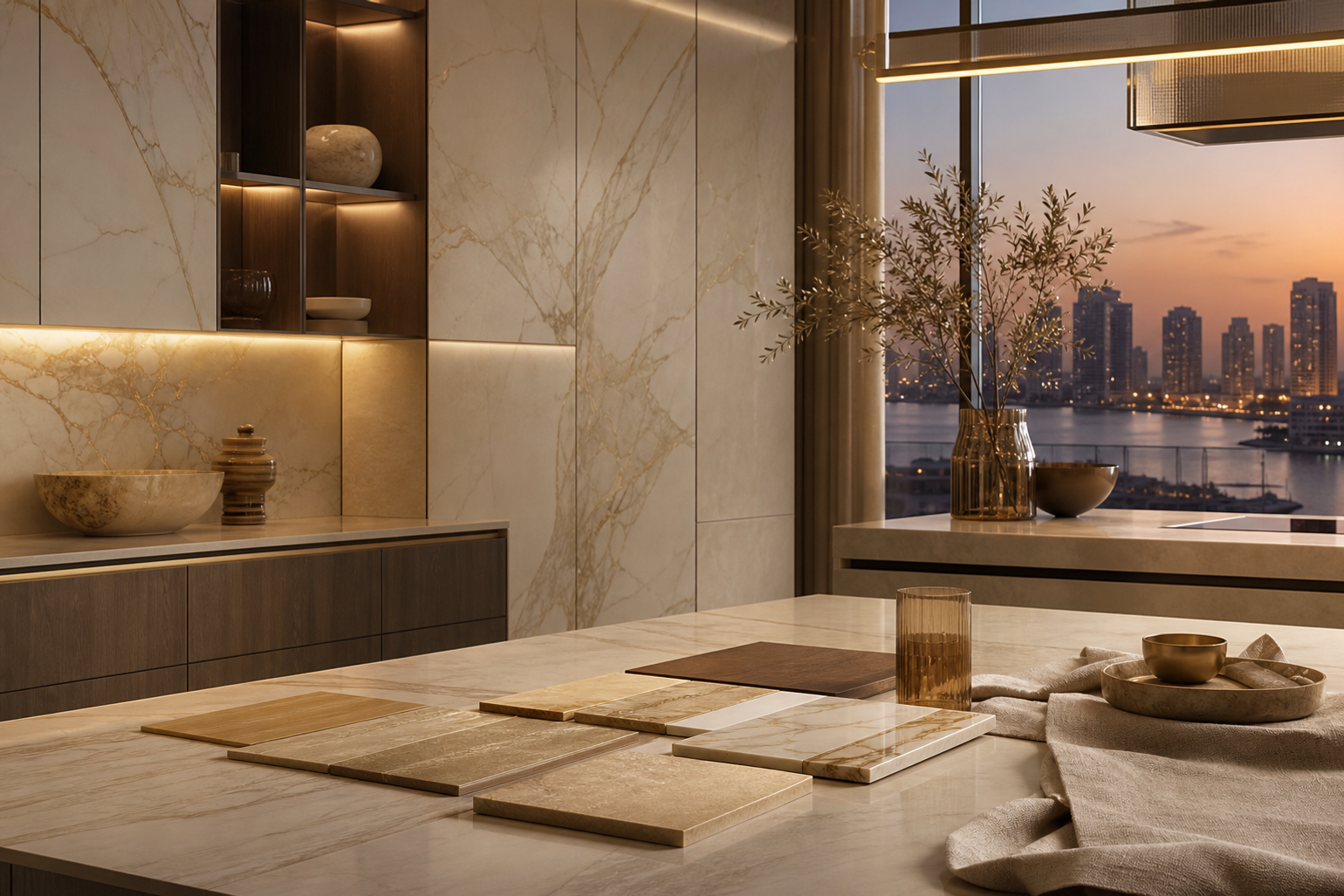 Modern cabinet finish mood study with marble, travertine, walnut, and tinted glass samples.