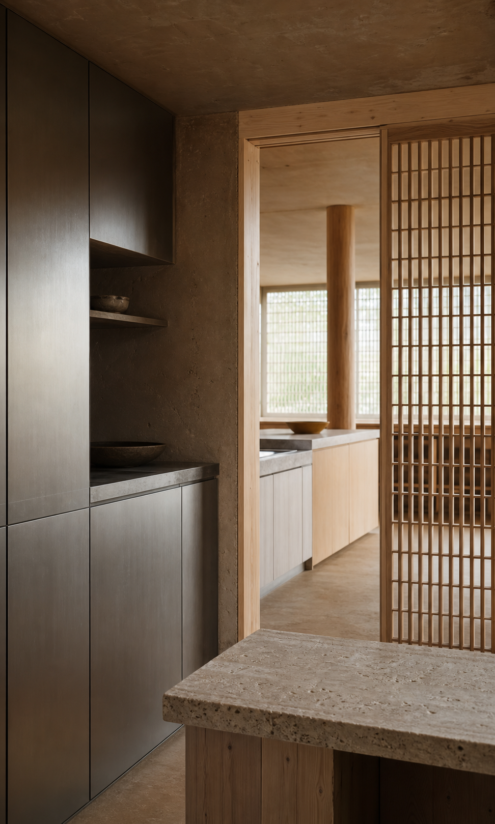 Fadior Tokyo 120 sqm Kitchen Penthouse — steel pantry, cypress cabinet, clay wall, travertine counter