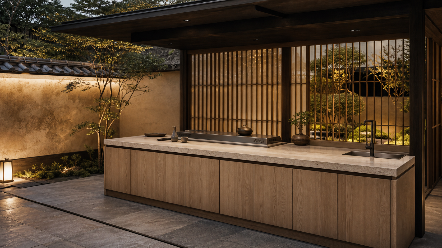 Fadior Vantage Outdoor Kitchen Suite with Jade Courtyard Teppanyaki Bar — lifestyle setting with natural light and