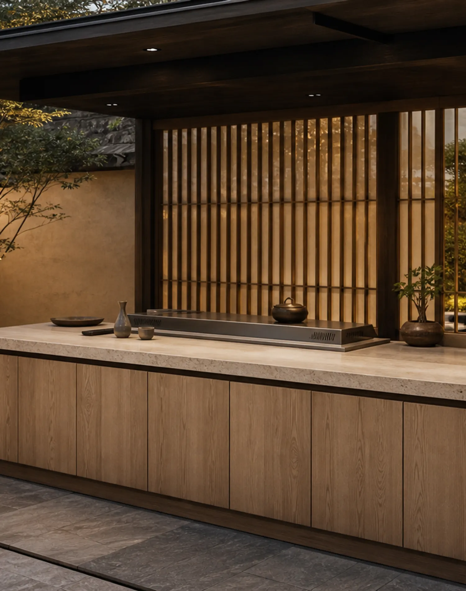 Suite de cocina exterior Vantage con barra de teppanyaki Jade Courtyard estudio de adaptación