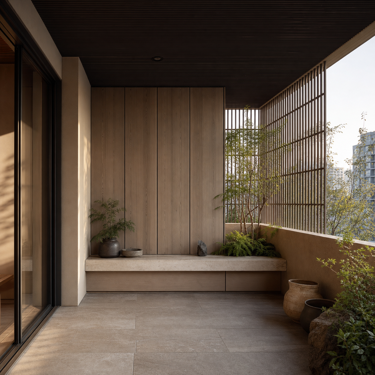 Fadior Dusk Shadowline Planter Bench — lifestyle setting with natural light and residential styling