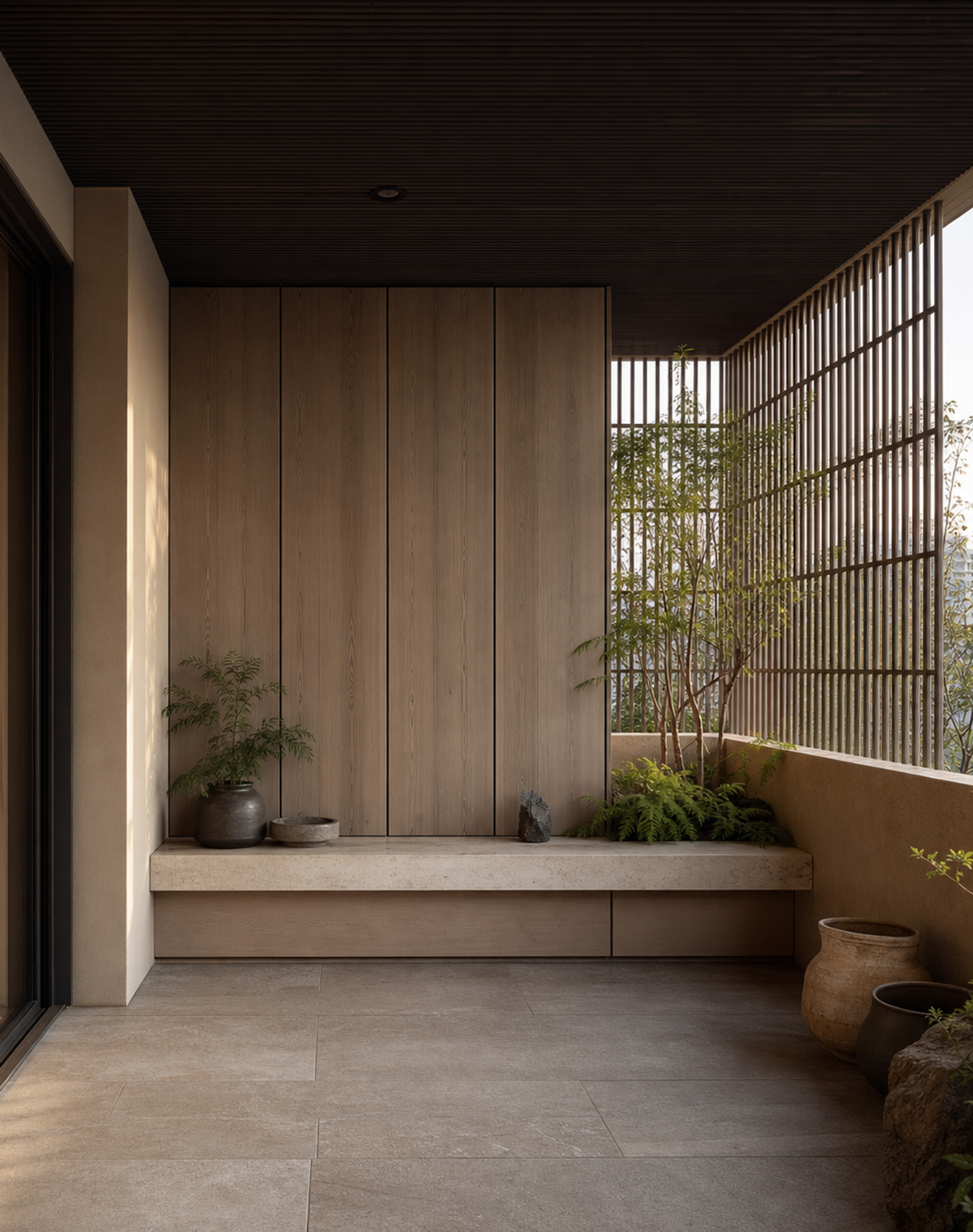 Fadior Dusk Shadowline Planter Bench — lifestyle setting with natural light and residential styling