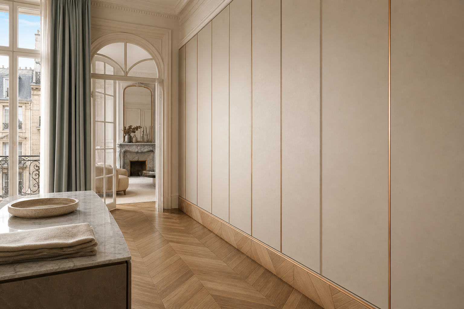 Fadior Terrazzo Wall Panel Suite with Clay Reveal Passage Wall — lifestyle setting with natural light and residential styling