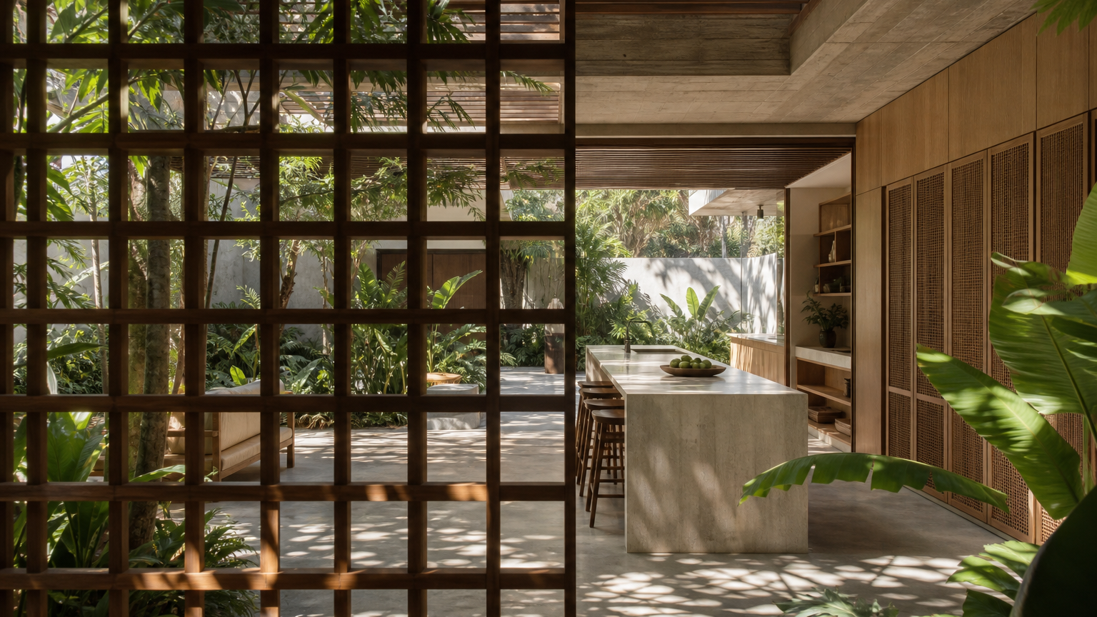 Atmosphere view: tropical modern kitchen courtyard with shaded storage, island, and garden light.
