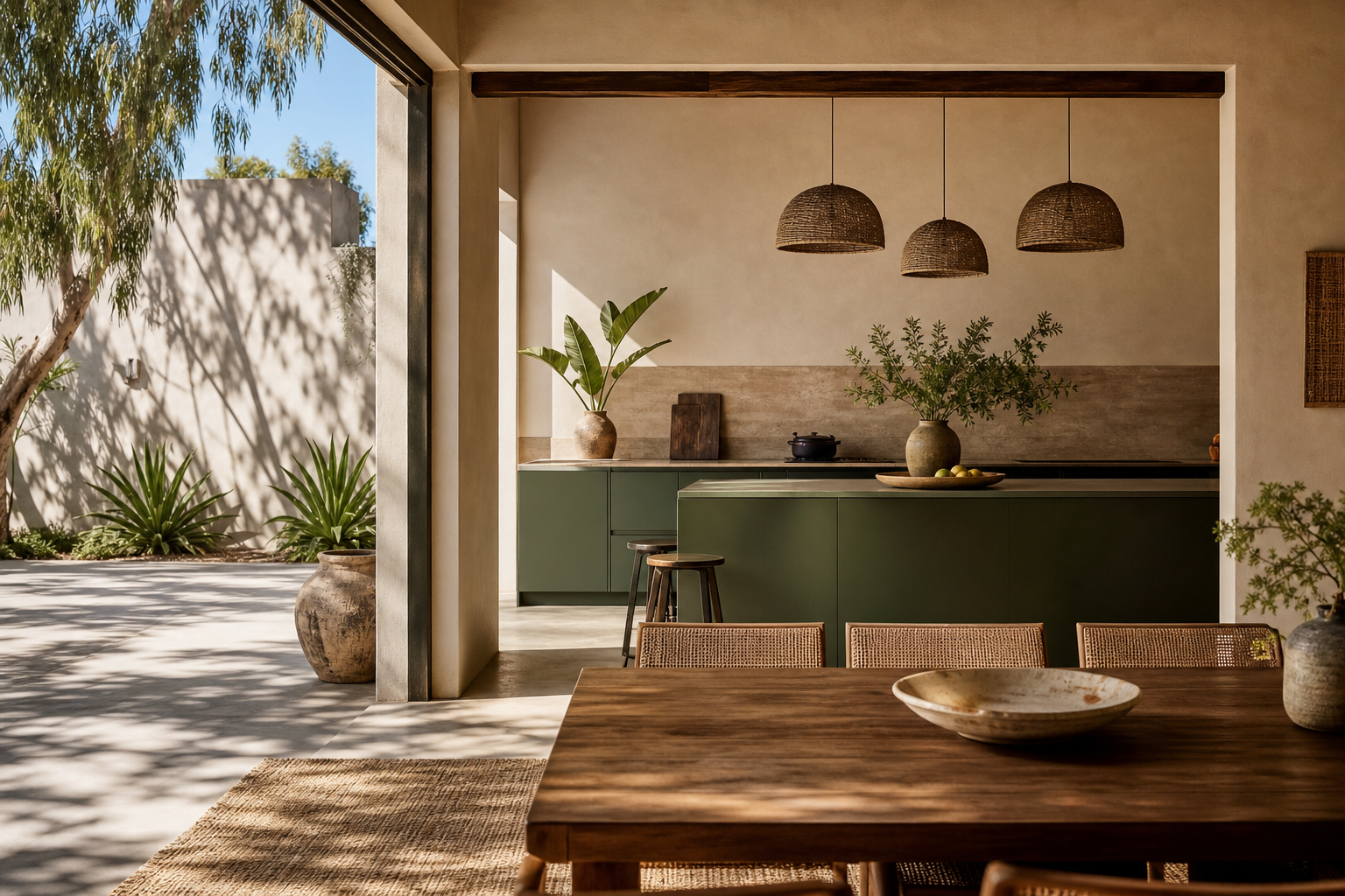 Kitchen lifestyle context with warm dining table, lime-washed courtyard, and deep olive fronts for calm hosting.