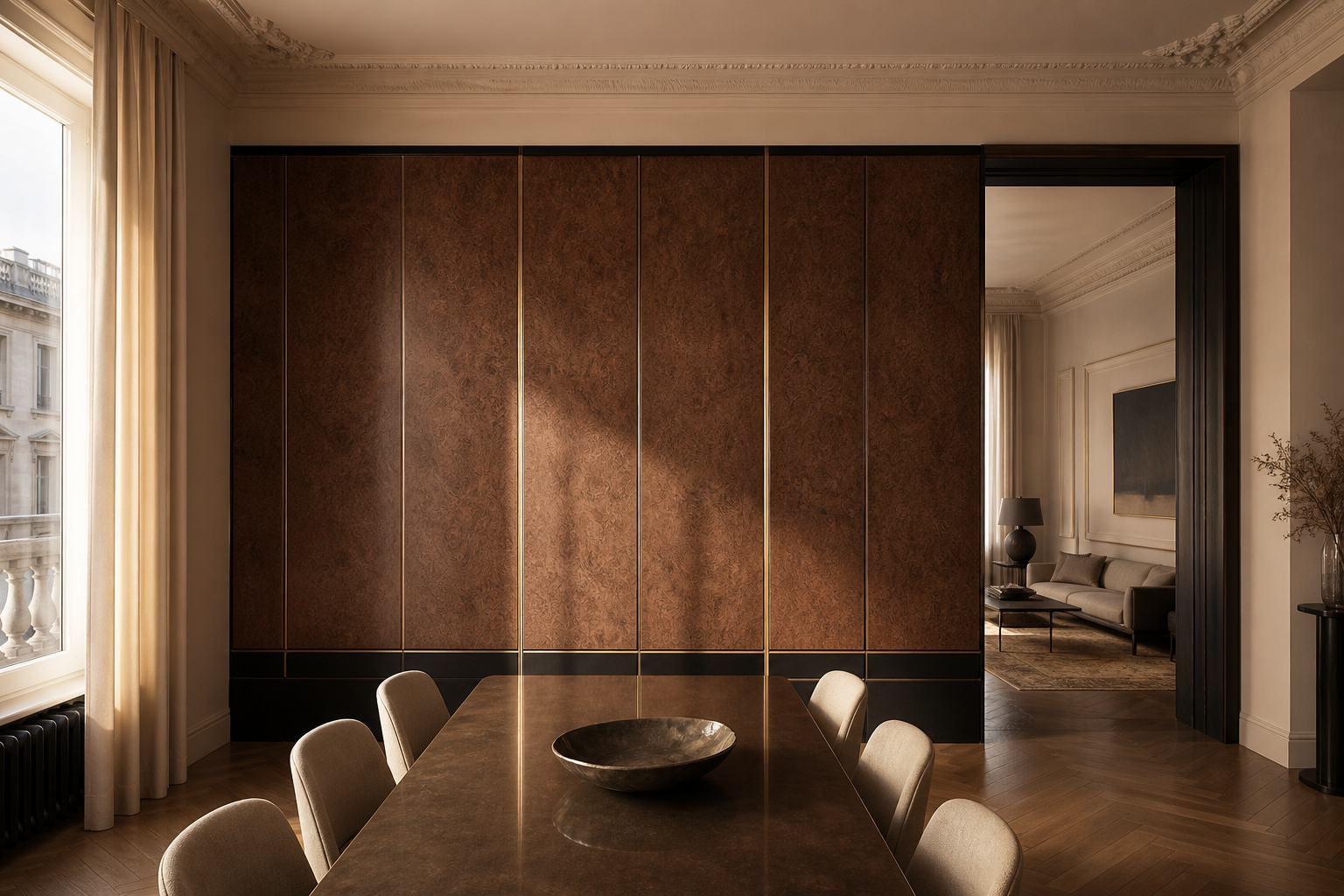 Fadior Miroir Wall Panel Suite with Rationalist Feature Wall — interior room context showing cabinet integration