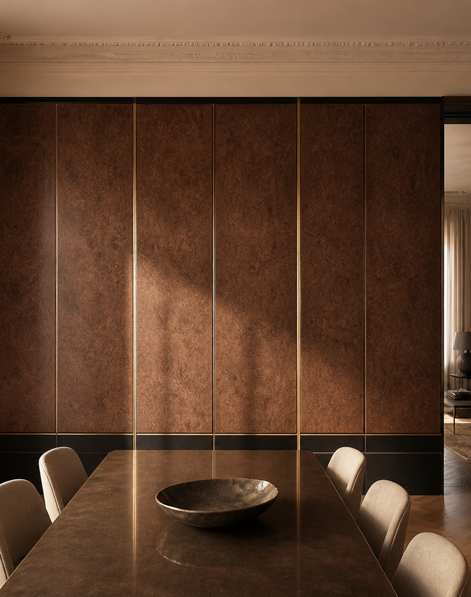 Fadior Miroir Wall Panel Suite with Rationalist Feature Wall — interior room context showing cabinet integration