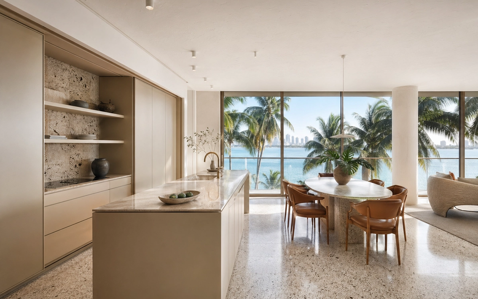 Fadior Miami Compact Residence — cabinet island, terrazzo floor, balcony window, palm bay view — 304 stainless steel cabinetry installation by Fadior
